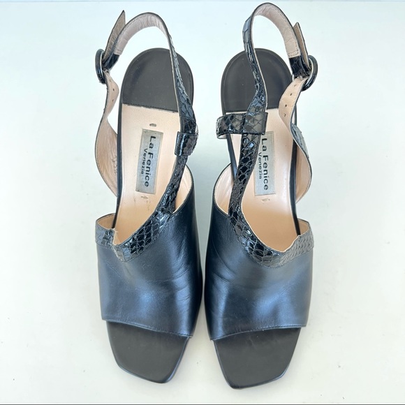 LA FENICE VENEZIA Black w Snake Trim Leather Side Buckle Sandals Wedges Sz 8 1/2 - Picture 6 of 10